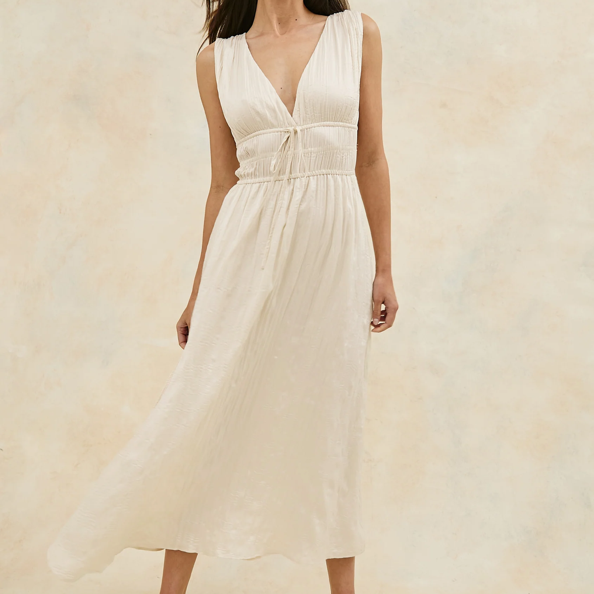Deep V Wide Strap Smocked Waist Flowy Crepe Midi Dress